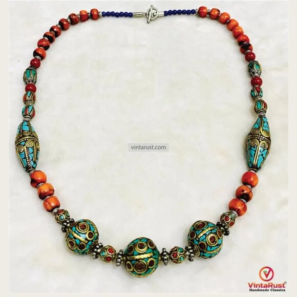Handmade Nepalese Tibetan Choker Necklace, Nepalese Boho Choker with Turquoise - Picture 1 of 4